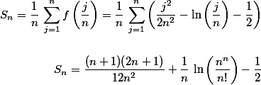 \begin{aligned}S_n=\dfrac{1}{n}\,\sum_{j=1}^nf\left(\dfrac{j}{n}\right)=\dfrac{1}{n}\,\sum_{j=1}^n\left(\dfrac{j^2}{2n^2}-\ln\left(\dfrac{j}{n}\right)-\dfrac{1}{2}\right)
 \\ 
 \\  S_n=\dfrac{(n+1)(2n+1)}{12n^2}+\dfrac{1}{n}\,\ln\left(\dfrac{n^n}{n!}\right)-\dfrac{1}{2}
 \\ 
 \\ \end{aligned}